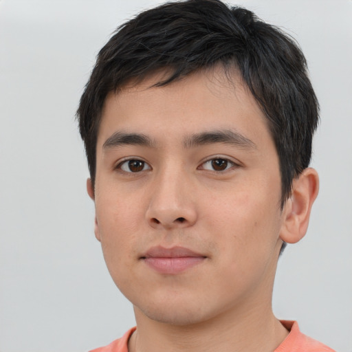 Neutral white young-adult male with short  black hair and brown eyes
