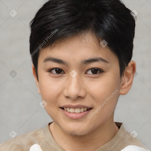 Joyful asian young-adult female with short  brown hair and brown eyes