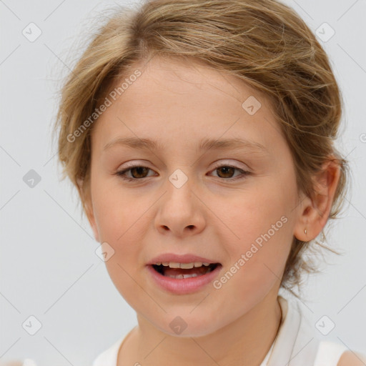 Joyful white child female with medium  brown hair and brown eyes