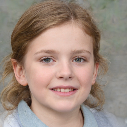 Joyful white child female with medium  brown hair and blue eyes