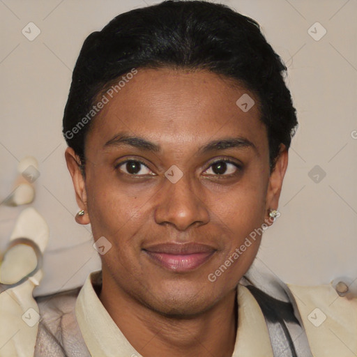 Joyful latino young-adult male with short  brown hair and brown eyes