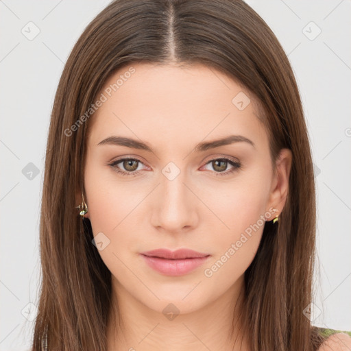 Neutral white young-adult female with long  brown hair and brown eyes