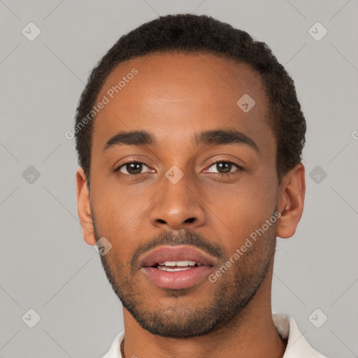 Neutral black young-adult male with short  brown hair and brown eyes