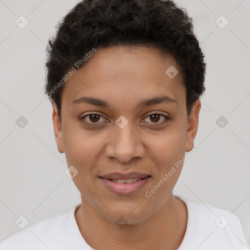 Joyful latino young-adult female with short  brown hair and brown eyes