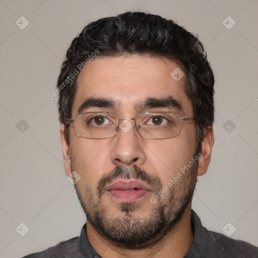 Neutral white adult male with short  black hair and brown eyes