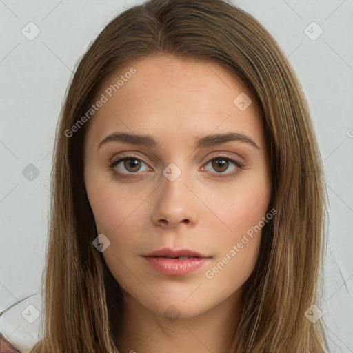 Neutral white young-adult female with long  brown hair and brown eyes