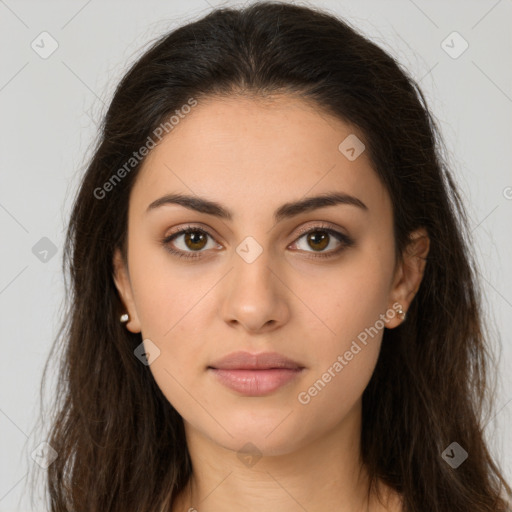 Neutral white young-adult female with long  brown hair and brown eyes