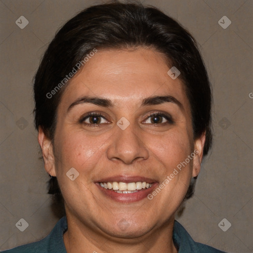 Joyful white adult female with short  brown hair and brown eyes