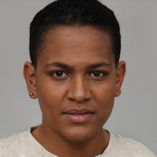 Neutral black young-adult female with short  brown hair and brown eyes