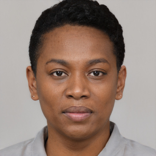 Neutral black young-adult female with short  black hair and brown eyes