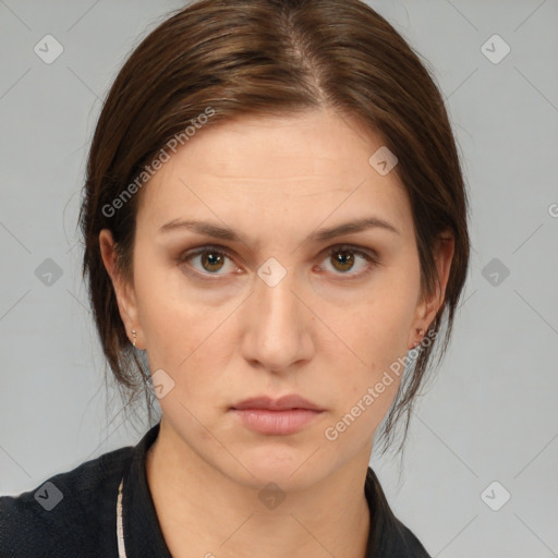 Neutral white young-adult female with medium  brown hair and brown eyes