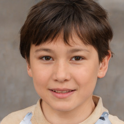 Joyful white child female with short  brown hair and brown eyes