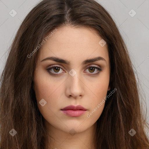 Neutral white young-adult female with long  brown hair and brown eyes