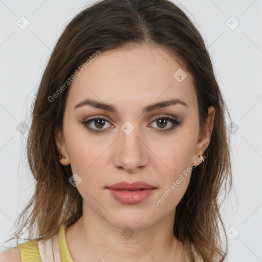 Neutral white young-adult female with medium  brown hair and brown eyes