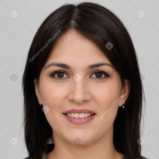 Joyful white young-adult female with long  brown hair and brown eyes