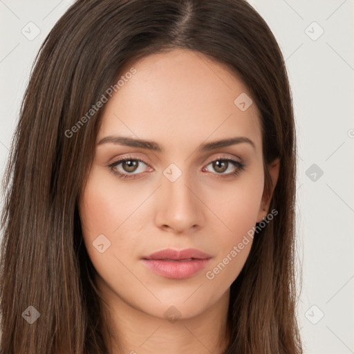 Neutral white young-adult female with long  brown hair and brown eyes