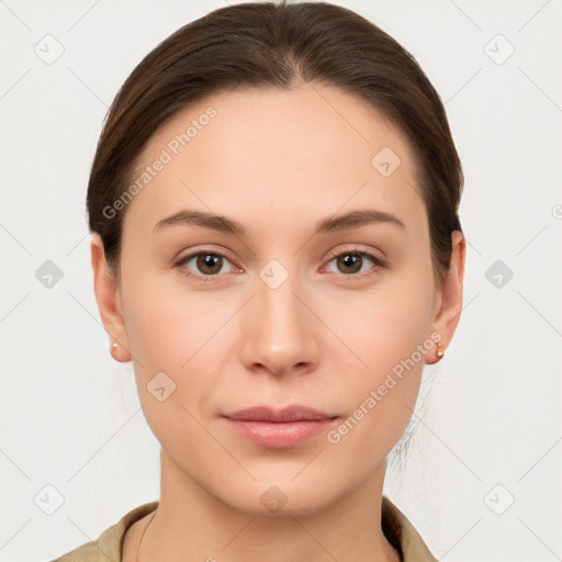 Neutral white young-adult female with short  brown hair and brown eyes