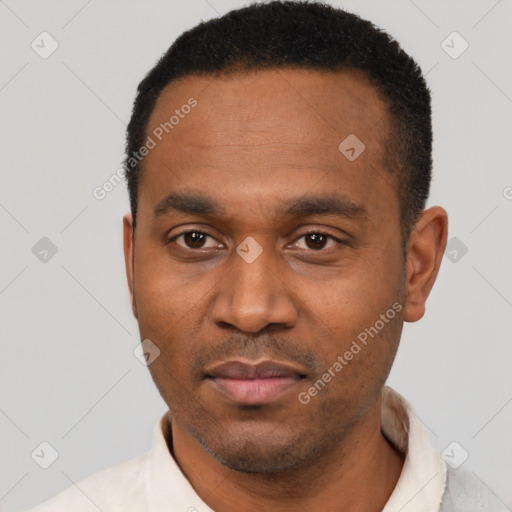 Neutral black young-adult male with short  black hair and brown eyes