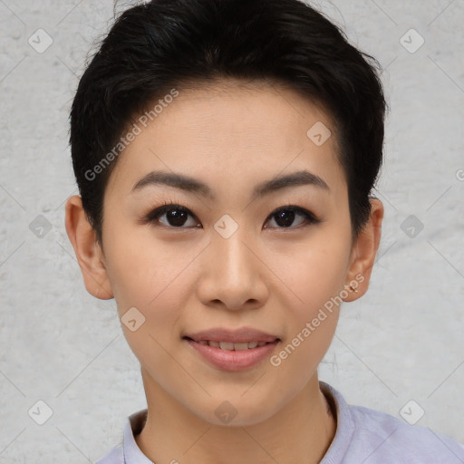 Joyful asian young-adult female with short  brown hair and brown eyes