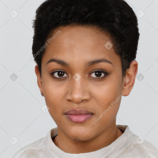 Joyful latino young-adult female with short  black hair and brown eyes