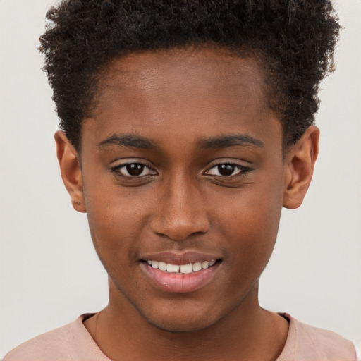 Joyful black young-adult male with short  brown hair and brown eyes