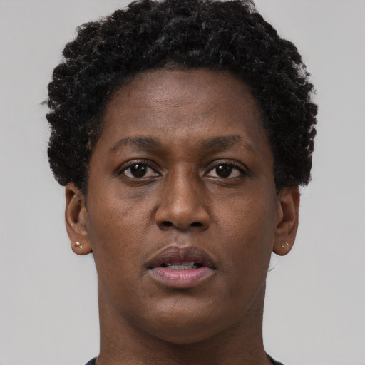 Neutral black young-adult female with short  brown hair and brown eyes