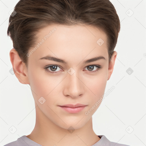 Neutral white young-adult female with short  brown hair and brown eyes