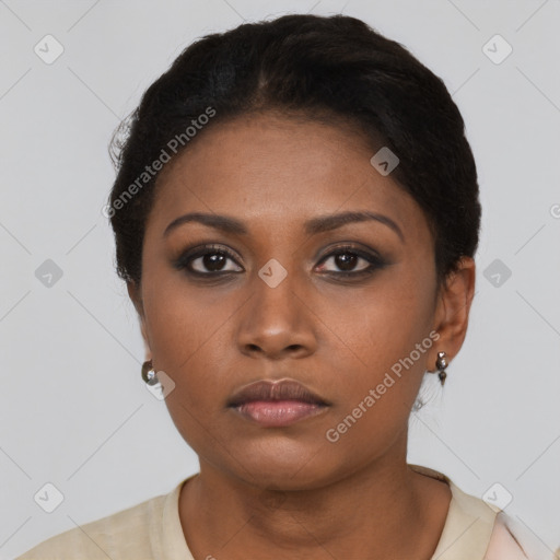 Neutral black young-adult female with short  brown hair and brown eyes