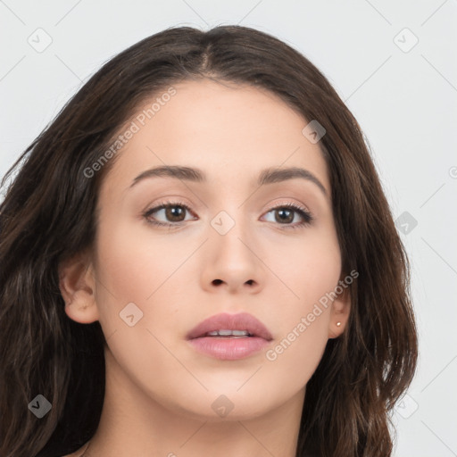 Neutral asian young-adult female with long  brown hair and brown eyes