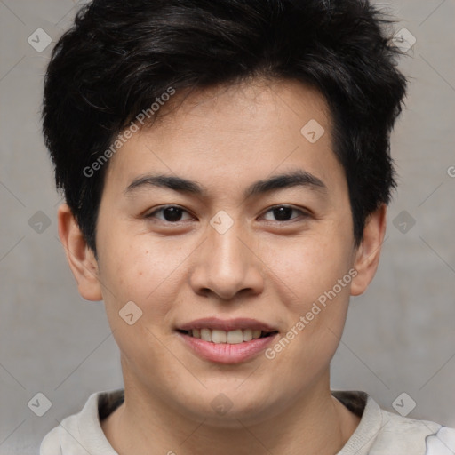 Joyful asian young-adult male with short  brown hair and brown eyes