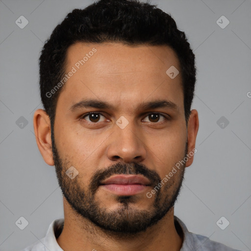 Neutral latino young-adult male with short  black hair and brown eyes