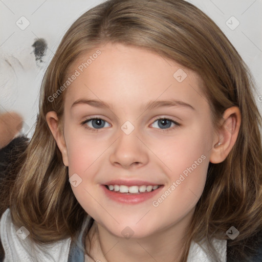 Joyful white child female with medium  brown hair and brown eyes