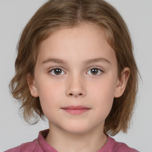 Neutral white child female with medium  brown hair and grey eyes