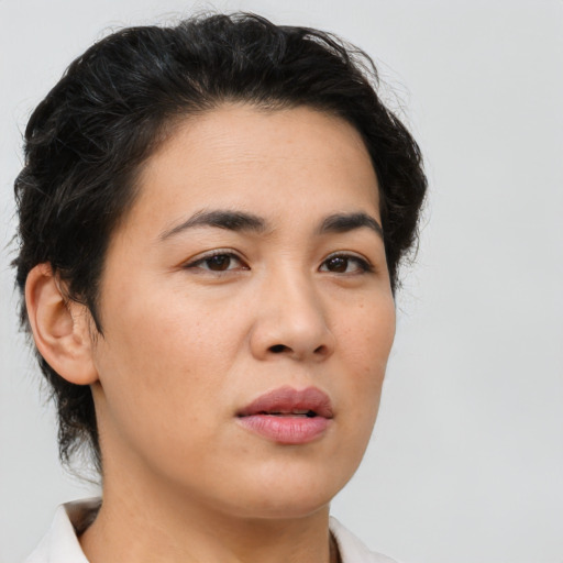 Neutral asian young-adult female with medium  brown hair and brown eyes