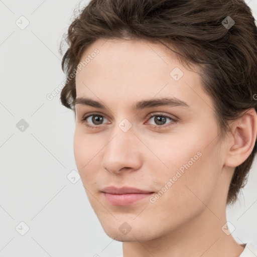 Neutral white young-adult female with short  brown hair and brown eyes