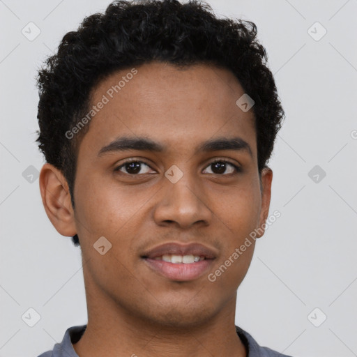 Joyful black young-adult male with short  brown hair and brown eyes