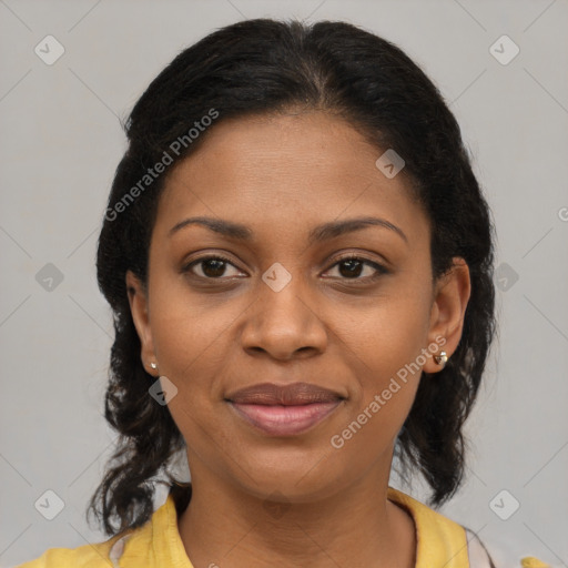 Joyful black young-adult female with medium  brown hair and brown eyes