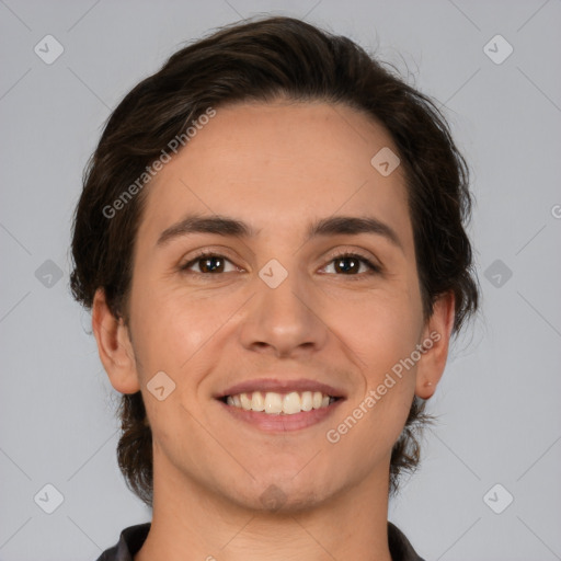 Joyful white young-adult male with medium  brown hair and brown eyes