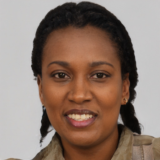 Joyful black adult female with short  black hair and brown eyes