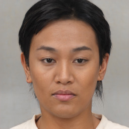 Neutral asian young-adult female with short  black hair and brown eyes