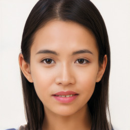 Neutral asian young-adult female with long  brown hair and brown eyes