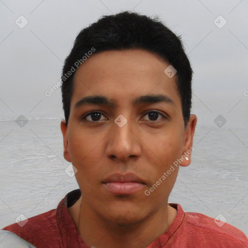 Neutral latino young-adult male with short  black hair and brown eyes