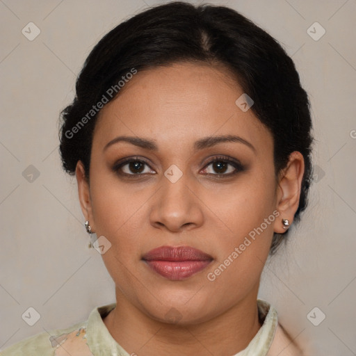 Joyful latino young-adult female with medium  brown hair and brown eyes