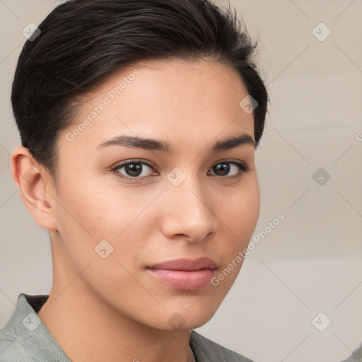 Neutral white young-adult female with short  brown hair and brown eyes