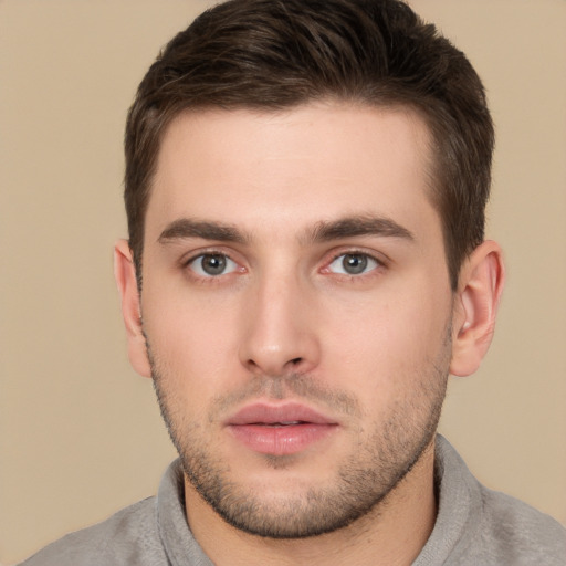 Neutral white young-adult male with short  brown hair and brown eyes