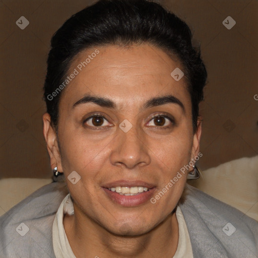 Joyful white adult female with short  brown hair and brown eyes