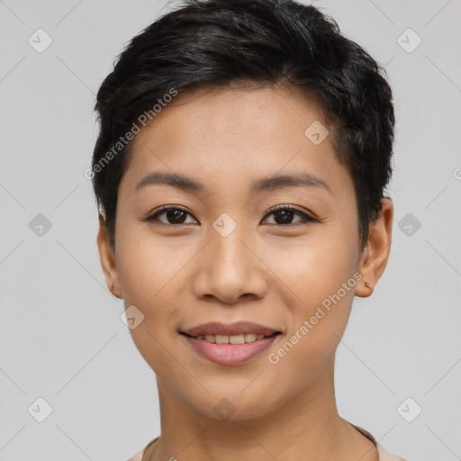 Joyful latino young-adult female with short  black hair and brown eyes