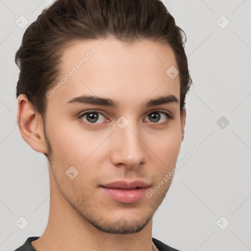 Neutral white young-adult male with short  brown hair and brown eyes