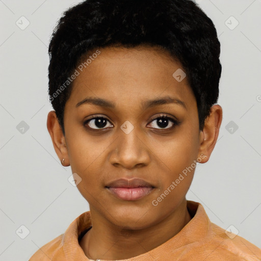 Neutral black young-adult female with short  black hair and brown eyes