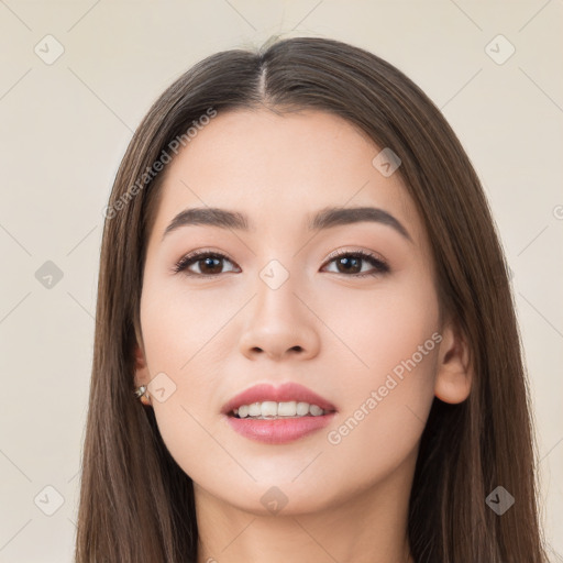 Neutral white young-adult female with long  brown hair and brown eyes